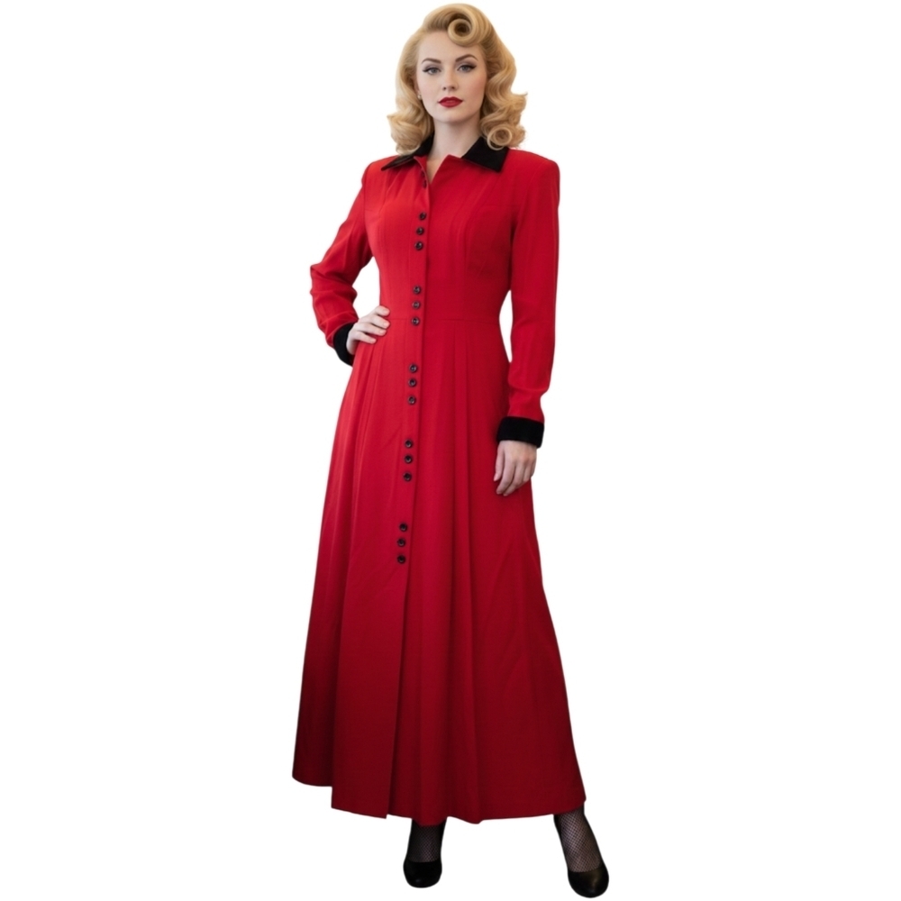 Vintage Women's Red Overcoat Black Velvet Trim Size S-M